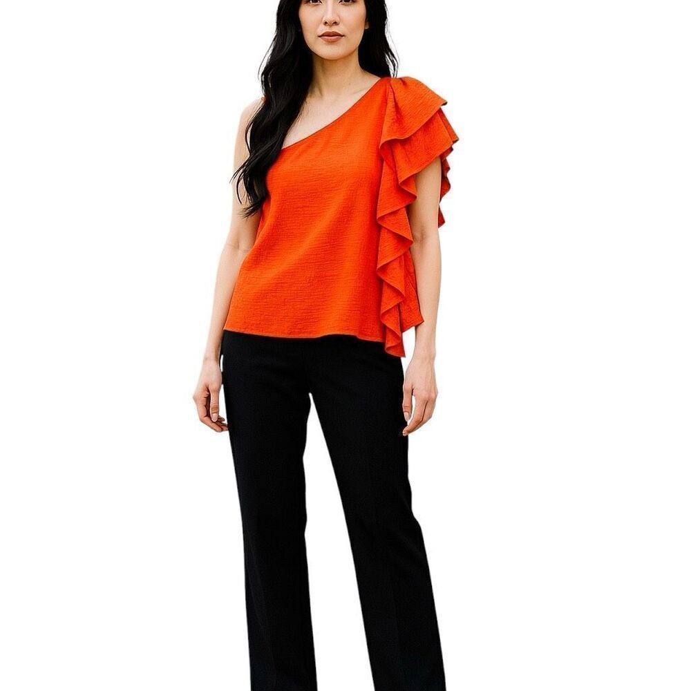 Anthropologie Orange One Shoulder Double Ruffle Sleeve Top Blouse Size Large